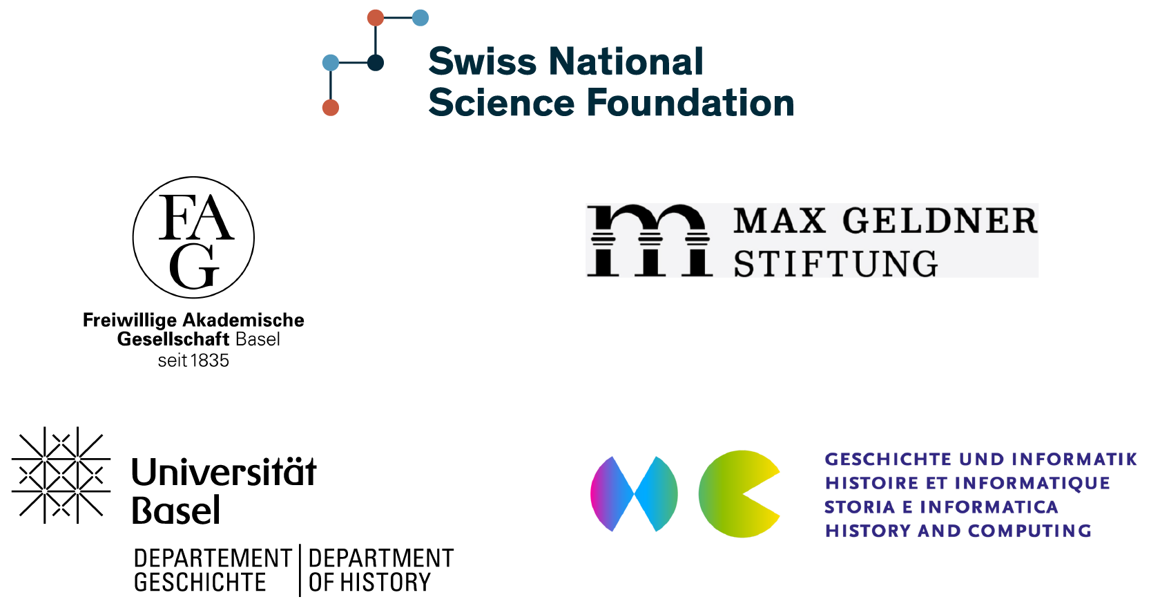 Sponsoring: Swiss National Foundation, FAG Basel, Max-Geldner-Stiftung, Universität Basel (Departement Geschichte), Verein Informatik und Geschichte